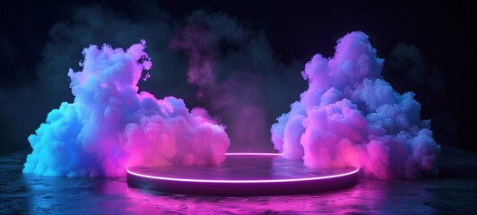 Neon smoke cloud podium for product display. The scene is set against a dark starry sky with vivid pink and blue clouds enveloping a glowing circular stage