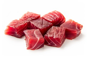 Fresh raw tuna fillets showcased on a pristine white background, exuding a glistening texture and vibrant color.
