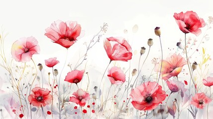 Watercolor painting of vibrant poppies and wildflowers on a clean white background