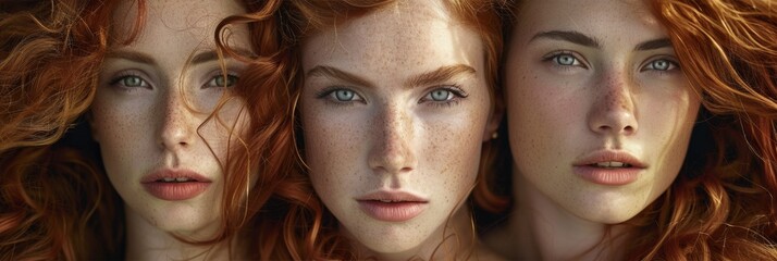 Closeup of three women with red curly hair, intense natural beauty and freckles.
