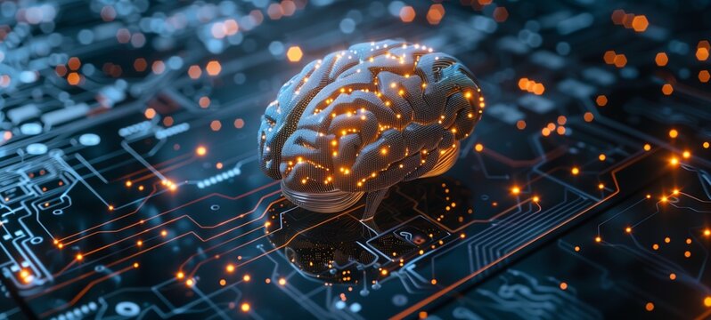 Concept of artificial intelligence with a digital brain on a circuit board. The image showcases a glowing, wireframe brain with orange light nodes on a dark blue electronic motherboard.