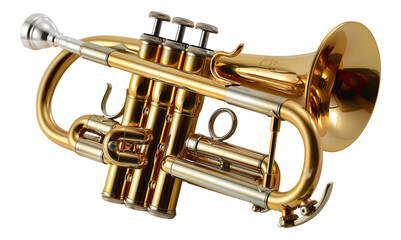 Shiny brass trumpet, cut out - stock png.