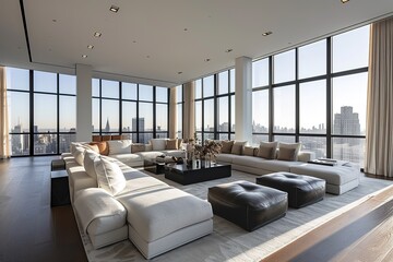 A sleek and contemporary living room in a penthouse, showcasing minimalist design, floor-to-ceiling windows, and plush seating arrangements.
