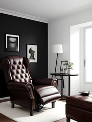 Leather tufted recliner chair against white wall with copy space. Scandinavian home interior design of modern living room.