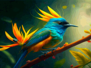  3d render of a colorful bird on a background of nature Vector  