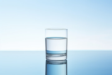 Crystal clean drink water in transparent glass on light blue background. Copy space. Minimalism.