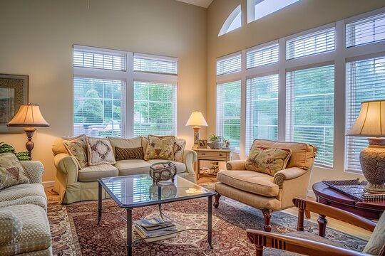A well lit and inviting living room furnished with a couch, a comfortable chair, and a large window covered with blinds.