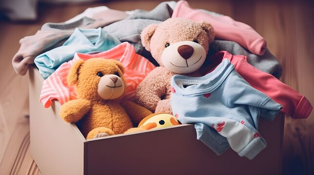 Doa&ccedil;&otilde;es para os necessitados, roupas e brinquedos quentes para beb&ecirc;s em uma caixa de papel&atilde;o, doa&ccedil;&otilde;es para crian&ccedil;as
