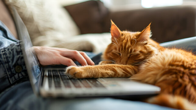 A serene golden retriever cat  next to their owner, who is focused on typing on a laptop, depicting a comfortable work-from-home scene,international pet day
