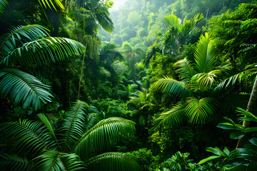 Dense rainforest with lush green foliage, creating a vibrant and humid atmosphere. Ideal for nature and adventure-themed content. - obrazy, fototapety, plakaty