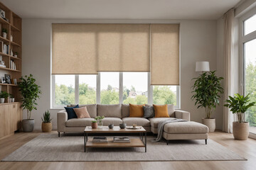 Fototapeta premium Beige blackout roller blind on windows in stylish modern living room. Shutters on the plastic window.