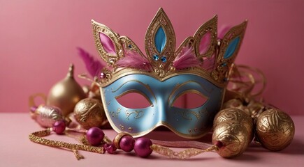 Postcard Happy Purim, Jewish holiday carnival fair background with carnival masks and traditional Jewish items, abstract background. Mockup on pink background... Empty space