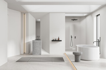 Fototapeta na wymiar White bathroom interior with tub, sink and shower