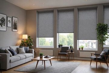 Gray blackout roller blind on windows in stylish modern living room. Shutters on the plastic window.
