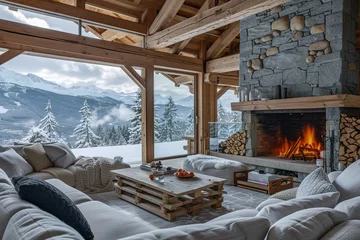 Fototapeten Cheminée dans l'intérieur d'un chalet de luxe en hiver avec vue sur la montagne et la neige. © abstract Art