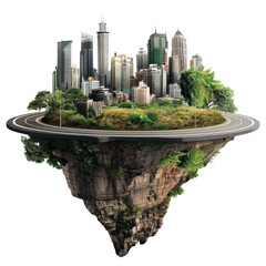 flying island with road and modern city isolate on transparency background PNG - obrazy, fototapety, plakaty