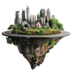  flying island with road and modern city isolate on transparency background PNG © KimlyPNG