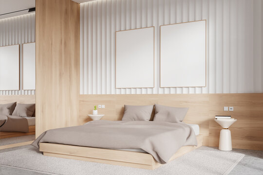 Stylish home bedroom interior with bed, closet and decoration. Mockup frames