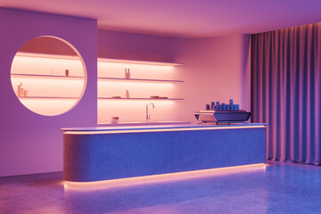 Neon purple cafe interior with bar counter