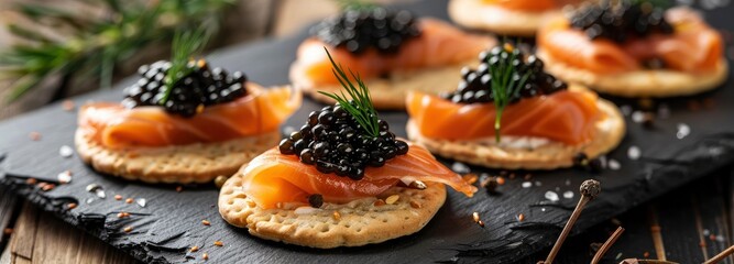 Black Caviar, Salmon, and Cream Cheese on Crisp Crackers