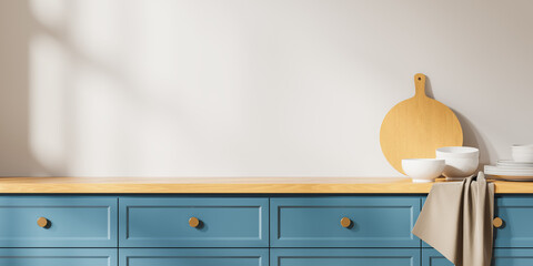 White kitchen interior with blue cabinets - obrazy, fototapety, plakaty
