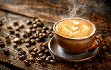 A steaming cup of latte art coffee resting on a wooden surface, surrounded by coffee beans and burlap, evoking a warm, cozy atmosphere