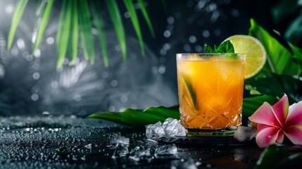 Mai Tai cocktail on dark background. Glass of alcoholic drink