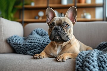 Cute French bulldog sitting on sofa in living room