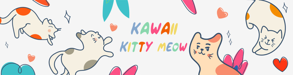Kawaii Cats vector illustration  Smiling Kitty, cute and round-faced cat