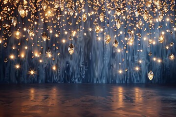 Backdrops  or background of an arch of glowing raindrop crystals hanging from a ceiling creating a magical sparkle against a neutral background with navy tones. translucent, glowing - obrazy, fototapety, plakaty