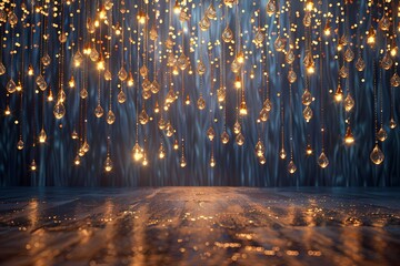 Backdrops  or background of an arch of glowing raindrop crystals hanging from a ceiling creating a magical sparkle against a neutral background with navy tones. translucent, glowing