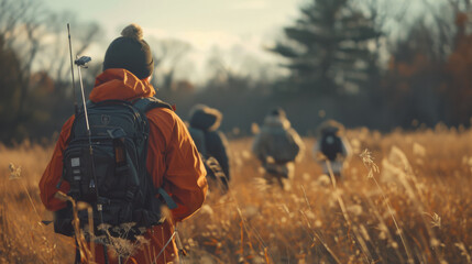A man wearing an orange jacket and a black backpack is walking through a field