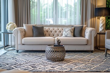 Elegant living room with a close-up of a comfortable sofa, area rug, and luxurious modern furniture