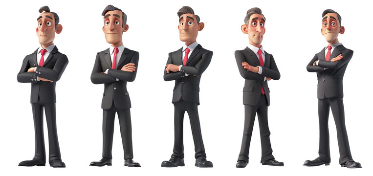 3d collection of middle aged business man with crossed arm dressed in professional business suit. isolated on transparent png background.
