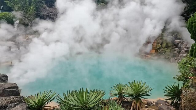 Landscape Umi Jigoku is largest among the Beppu Jigoku hot springs. The beautiful cobalt blue color is due to iron sulphate in the hot spring water Beppu Oita Japan 