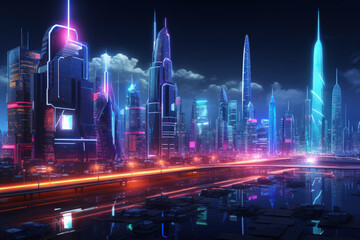 Illustration of an abstract neon megacity with light reflections from puddles on the street, featuring a cyberpunk theme.