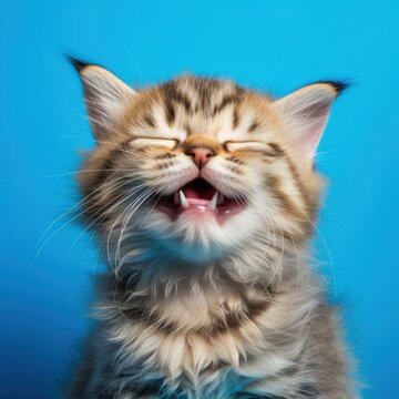 Happy kitten smiling with closed eyes on a colored blue background.