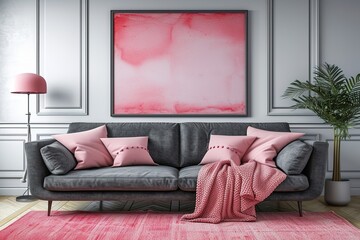 Grey sofa with pink pillows and blanket against white wall with abstract art poster. Interior design of modern living room. Created with