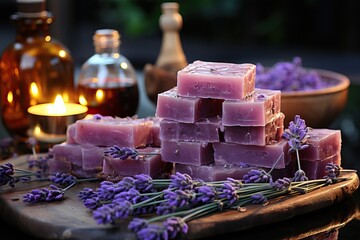 Lavender aroma soap cut and lying on a wooden board with fresh lavender flowers, aromatherapy with...