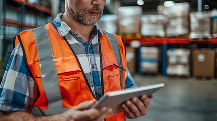 Close-up of man in safety vest hands using tablet checking information or inventory while standing in the warehouse - obrazy, fototapety, plakaty