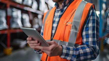Close-up of man in safety vest hands using tablet checking information or inventory while standing in the warehouse