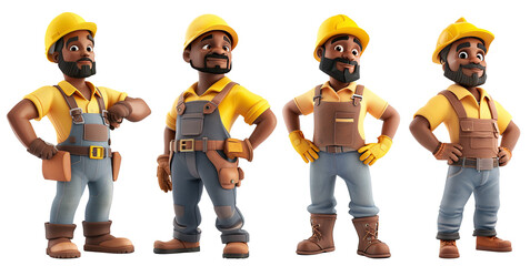 Set of 3d cartoon construction worker with yellow shirt and helmet in various pose isolated on transparent background, png files.