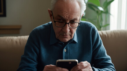 Elderly man looking at smartphone screen