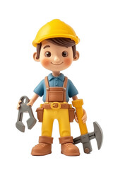 3d cartoon of repair man or mechanic figurine with tools standing isolated on transparent background png files