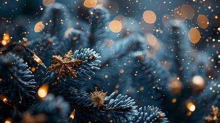 Close-up view capturing a large, uniform deep blue night hue zone, surrounded by delicate fir branches, creating a cozy and festive Christmas ambiance. The decorations shi - obrazy, fototapety, plakaty