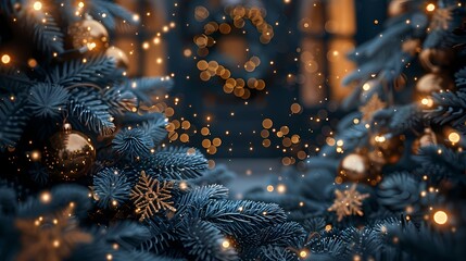 Close-up view capturing a large, uniform deep blue night hue zone, surrounded by delicate fir branches, creating a cozy and festive Christmas ambiance. The decorations shi - obrazy, fototapety, plakaty