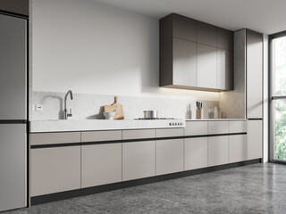 Luxury home kitchen interior with cooking cabinet and panoramic window