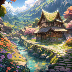 Obraz premium a painting of a beautiful fantasy village with old, vintage houses, a cobblestone street, blooming flowers, and a blue sky with white clouds