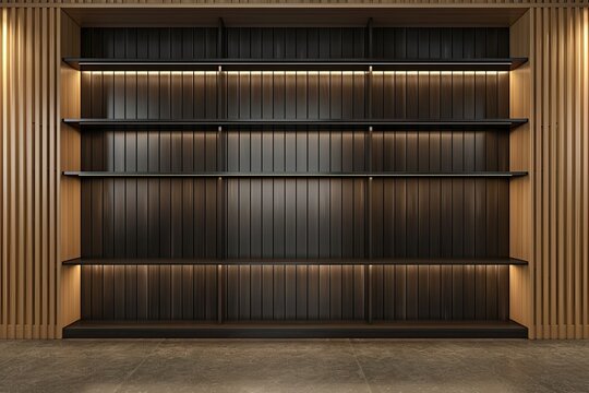 modern ebony empty bookshelf on light brown wooden wall with light
