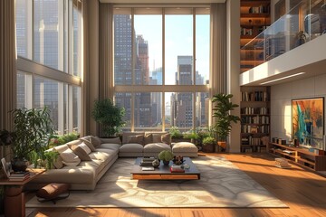 Illustration of a contemporary luxury penthouse living room interior in New York city - obrazy, fototapety, plakaty